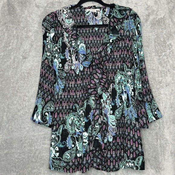 Roaman's Tops - Roamans 16W XL Shirt Top Black Green Paisley Button Up Bell 3/4 Sleeve V Neck
